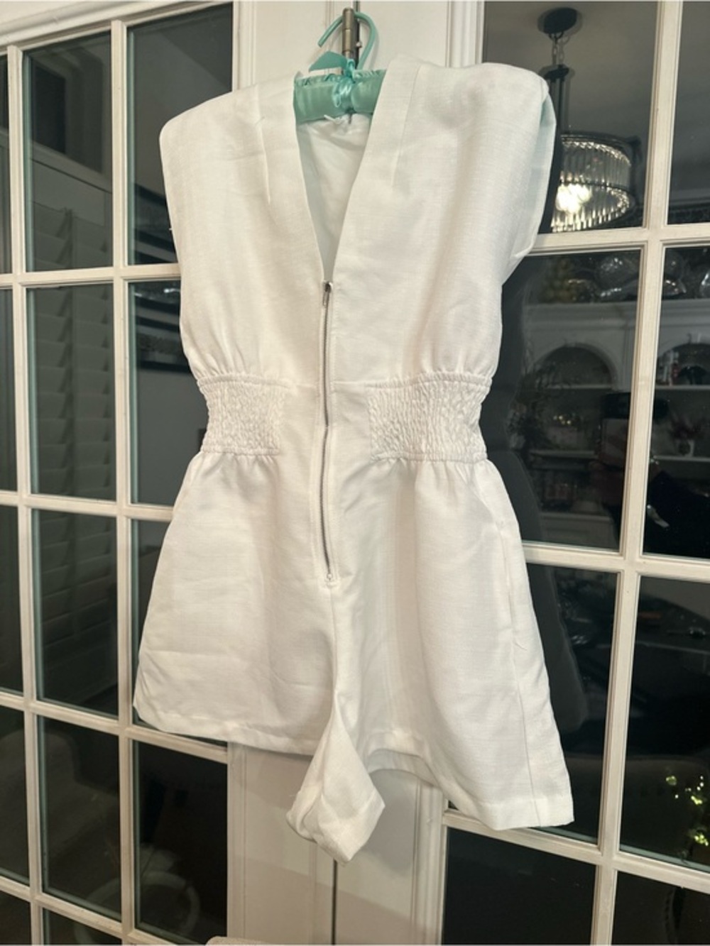 Glam White Linen Look Smocked Waist Zip Front Romper Small⁠